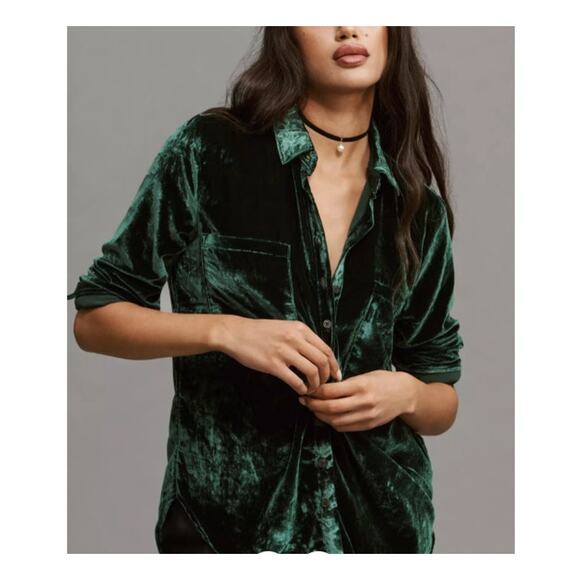 Pilcro The Hadley Relaxed Buttondown Shirt Green Velvet Women Size Large - Picture 1 of 12